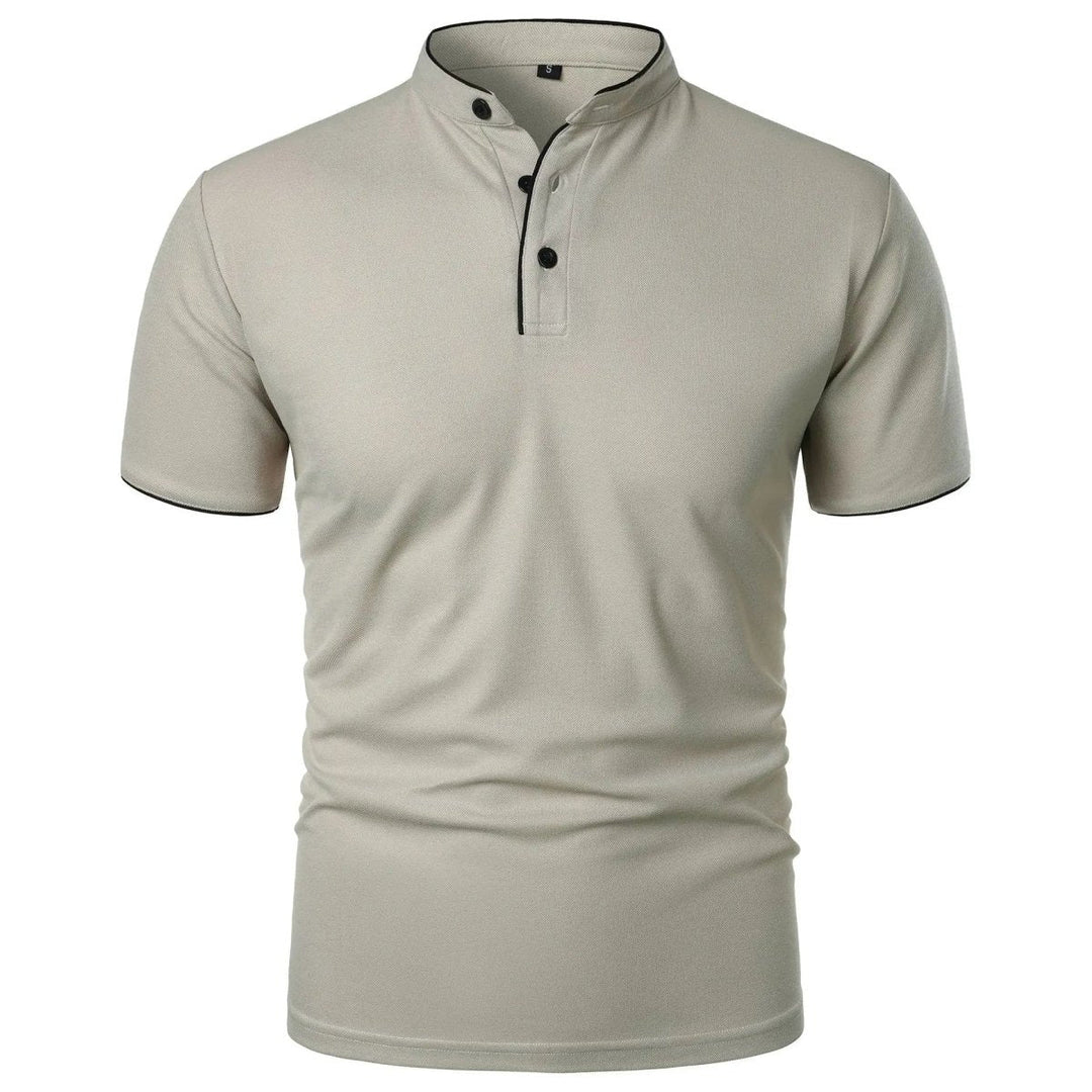 Beige short-sleeve polo shirt on a white background