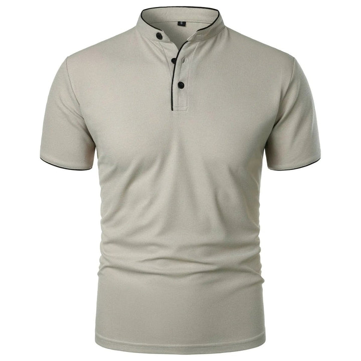 Beige short-sleeve polo shirt on a white background
