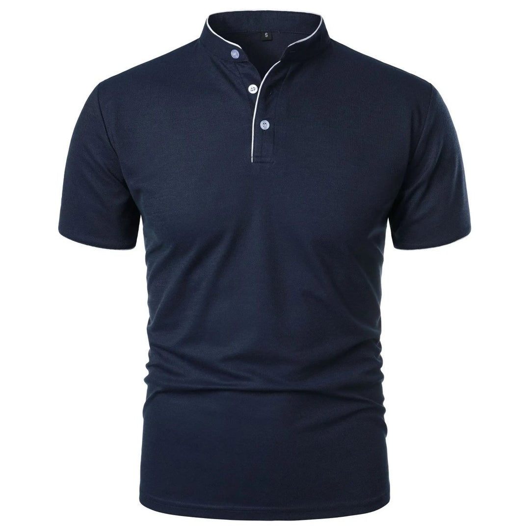 Navy blue polo shirt with white buttons on a white background