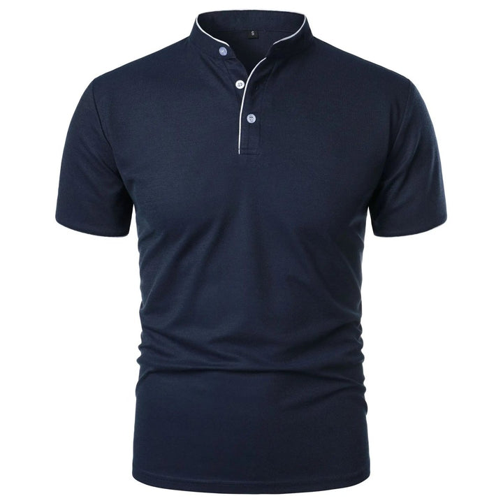 Navy blue polo shirt with white buttons on a white background