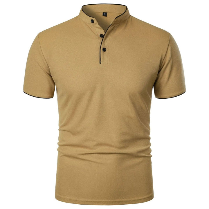 Beige short-sleeve shirt with black trim on a white background