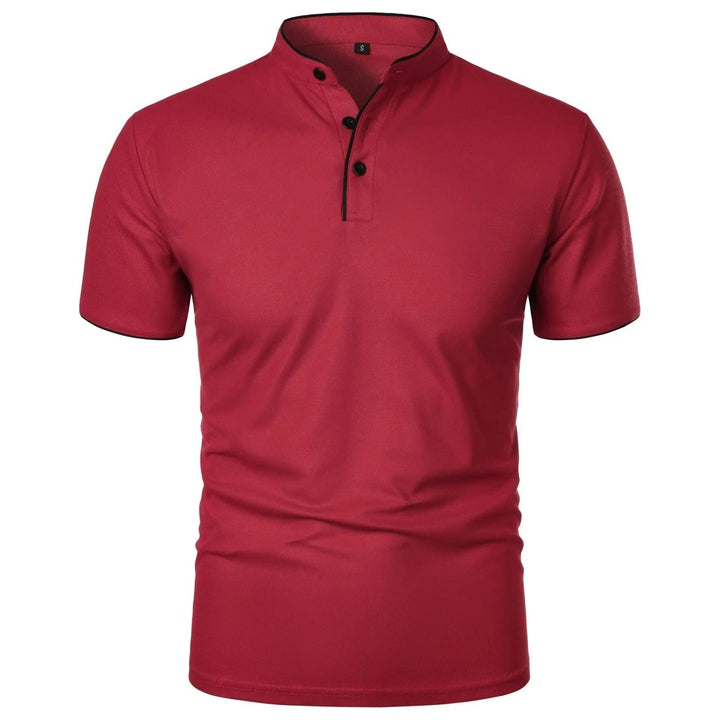 Red short-sleeve shirt with black buttons on a white background