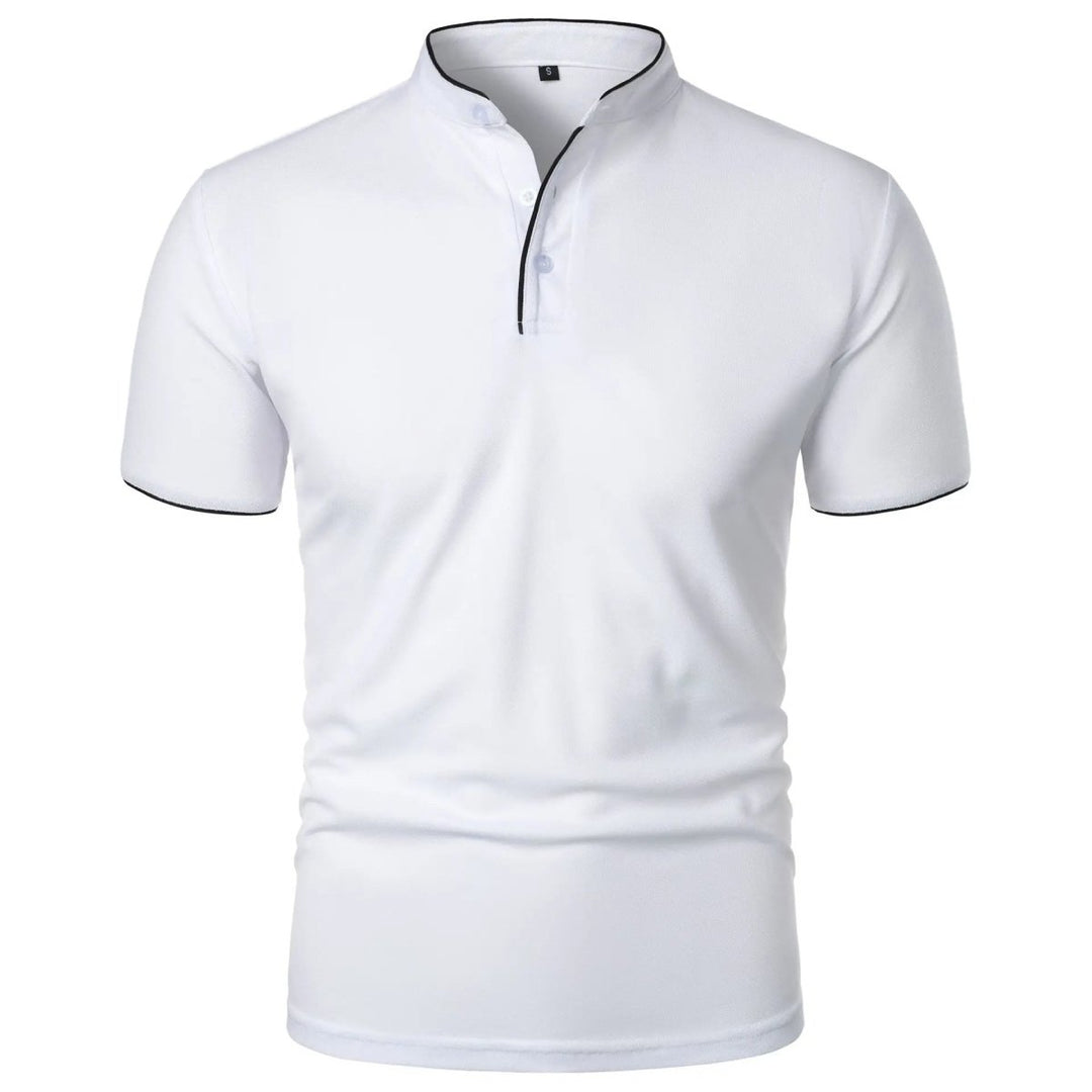 White polo shirt with black trim on a white background