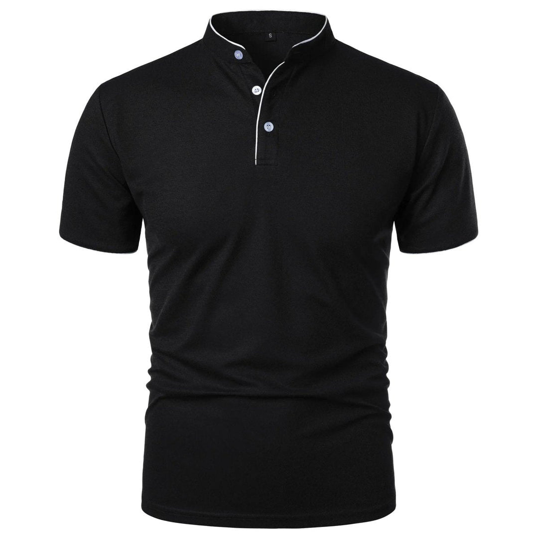 Black polo shirt with white buttons on a white background