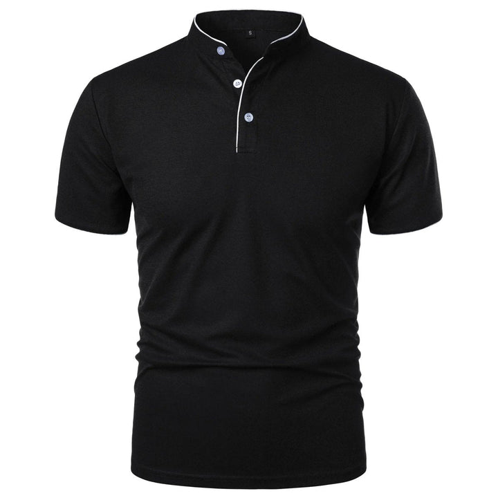 Black polo shirt with white buttons on a white background