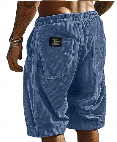 Blue corduroy shorts with a visible brand label on a white background