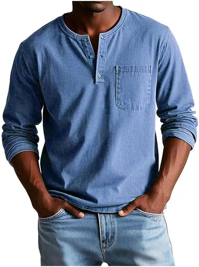 Man wearing a blue long-sleeve henley shirt with a pocket on a white background