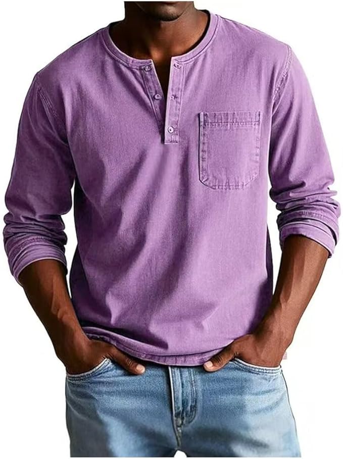 Person wearing a purple long-sleeve shirt with a pocket on a white background
