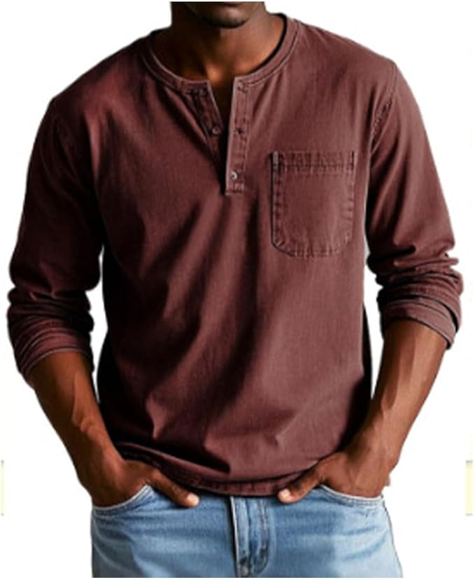 Brown long-sleeve henley shirt worn by a person on a white background