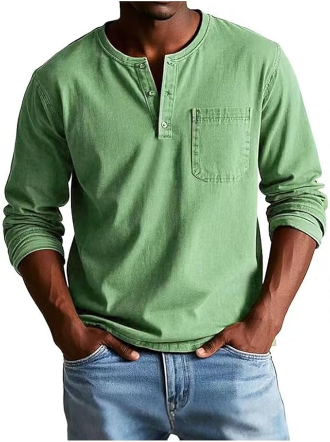 Green long-sleeve henley shirt worn by a person on a white background