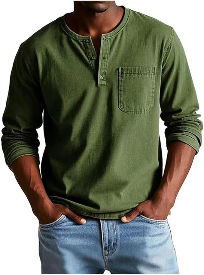Person wearing a green long-sleeve henley shirt with a pocket, standing against a plain background.