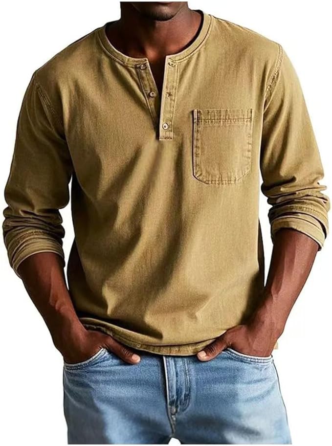 Man wearing a beige long-sleeve henley shirt and blue jeans on a white background