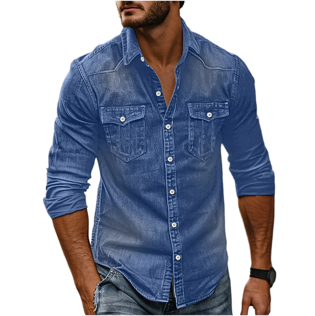 Man wearing a blue denim shirt with a white background