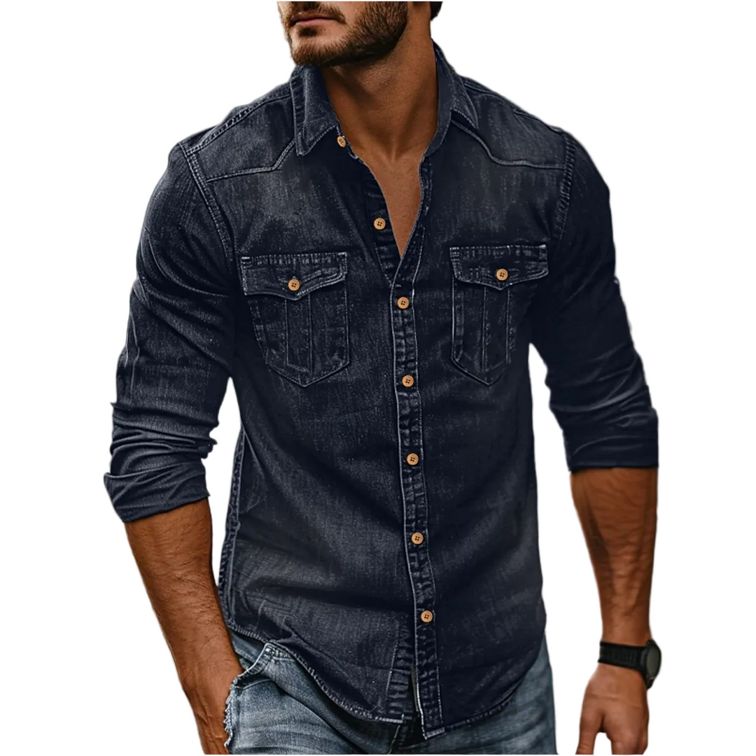 Man wearing a dark blue denim shirt with a white background