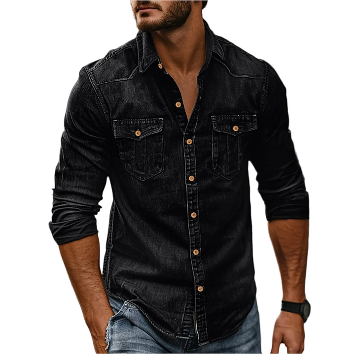 Man wearing a black denim shirt with a white background